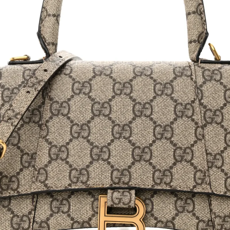 BALENCIAGA SMALL HOURGLASS TOP HANDLE BAG BEIGE/EBONY GG SUPREME MONOGRAM X GUCCI GOLD HARDWARE - Image 8