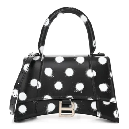 BALENCIAGA SMALL HOURGLASS TOP HANDLE BAG BLACK/WHITE SMOOTH CALFSKIN LEATHER SPRAY POLKA DOT SILVER HARDWARE