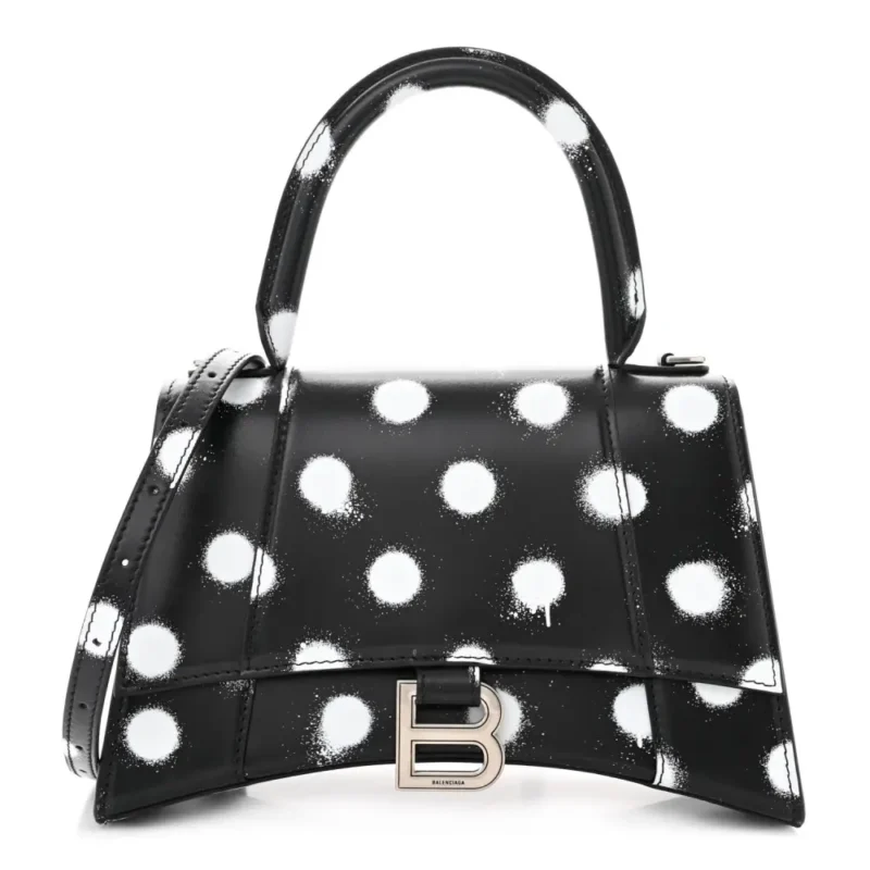 BALENCIAGA SMALL HOURGLASS TOP HANDLE BAG BLACK/WHITE SMOOTH CALFSKIN LEATHER SPRAY POLKA DOT SILVER HARDWARE
