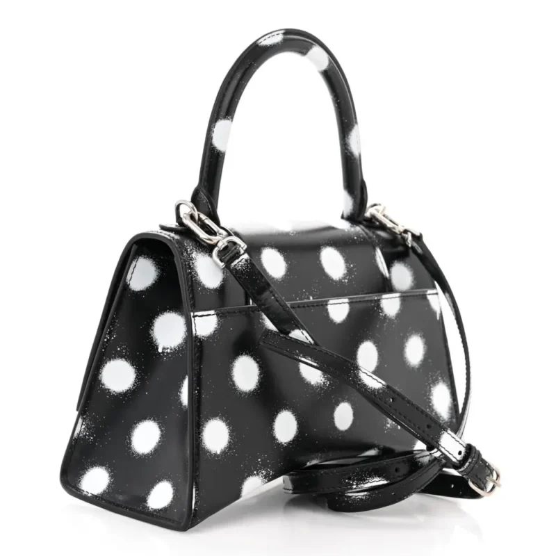 BALENCIAGA SMALL HOURGLASS TOP HANDLE BAG BLACK/WHITE SMOOTH CALFSKIN LEATHER SPRAY POLKA DOT SILVER HARDWARE - Image 3