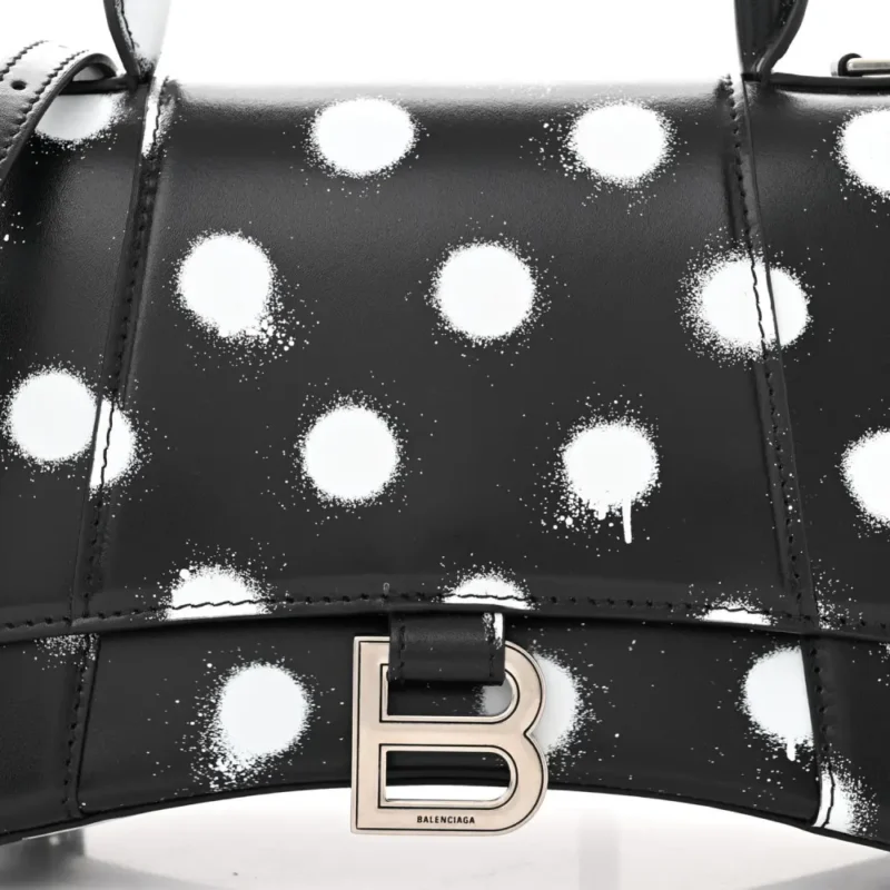 BALENCIAGA SMALL HOURGLASS TOP HANDLE BAG BLACK/WHITE SMOOTH CALFSKIN LEATHER SPRAY POLKA DOT SILVER HARDWARE - Image 8