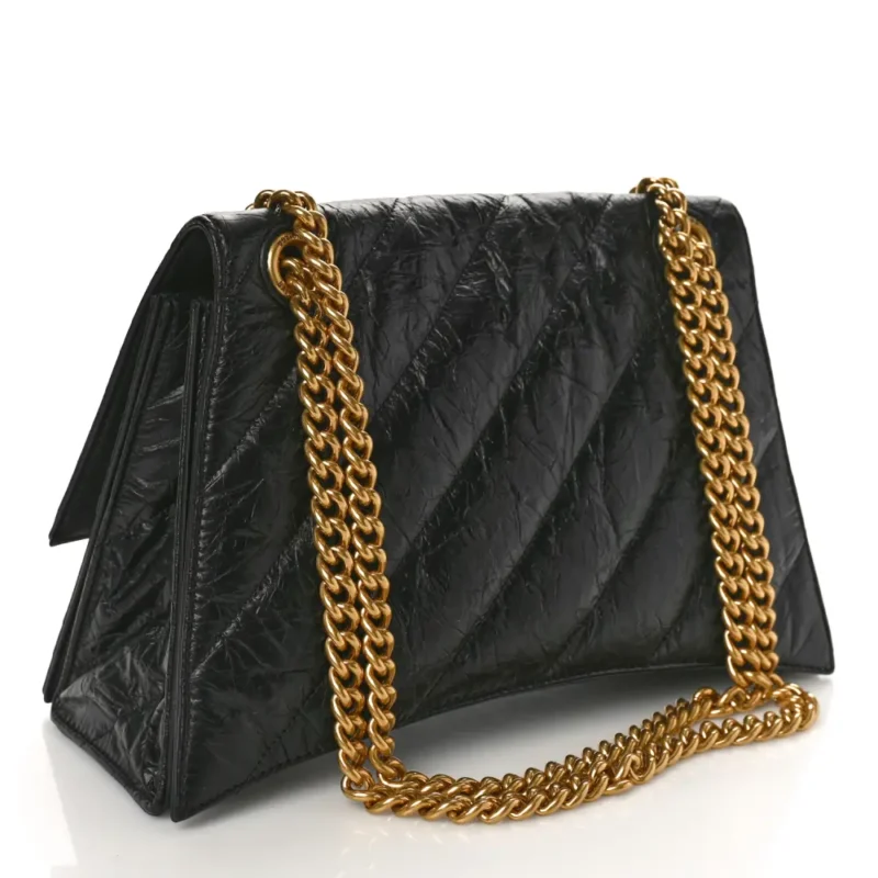 BALENCIAGA MEDIUM CRUSH CHAIN BAG BLACK QUILTED CRUSHED CALFSKIN LEATHER GOLD HARDWARE - Image 3