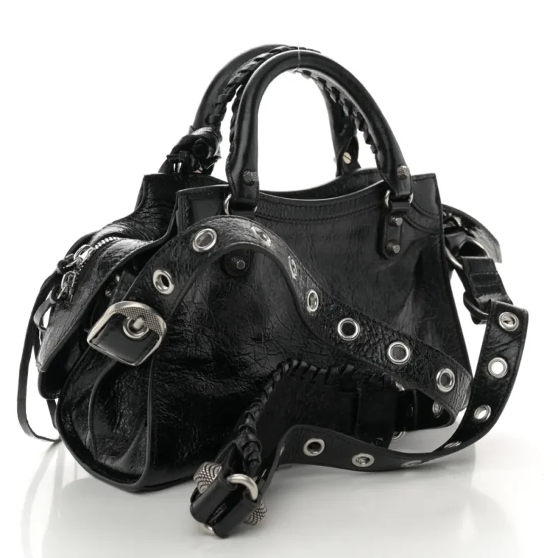 BALENCIAGA XS NEO CAGOLE HANDBAG BLACK AGNEAU ARENA LEATHER SILVER HARDWARE - Image 3