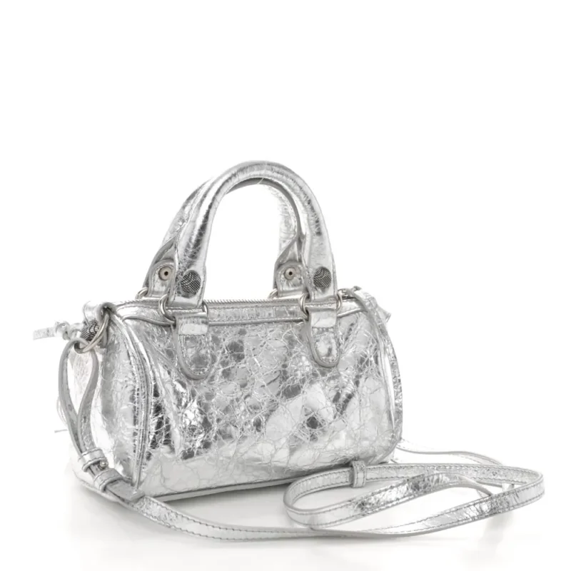 BALENCIAGA CRYSTAL NEO NANO CAGOLE HANDBAG SILVER AGNEAU ARENA LEATHER SILVER HARDWARE - Image 3