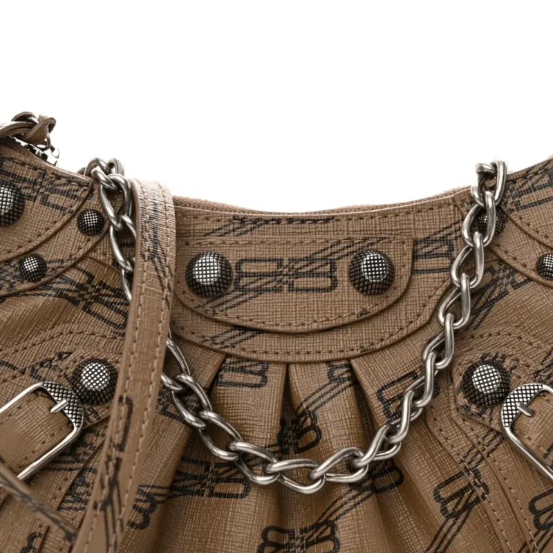 BALENCIAGA BB LE CAGOLE MINI PURSE WITH CHAIN BEIGE/BROWN COATED CANVAS MONOGRAM SILVER HARDWARE - Image 8
