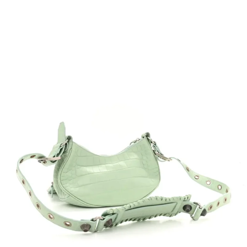 BALENCIAGA XS LE CAGOLE SHOULDER BAG LIGHT GREEN CROCODILE EMBOSSED EXTRA SUPPLE CALFSKIN LEATHER BLACK HARDWARE - Image 3