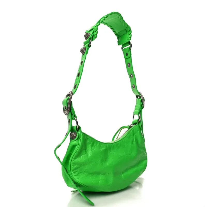 BALENCIAGA XS CRYSTAL LE CAGOLE SHOULDER BAG FLUO GREEN AGNEAU ARENA LEATHER SILVER HARDWARE - Image 3