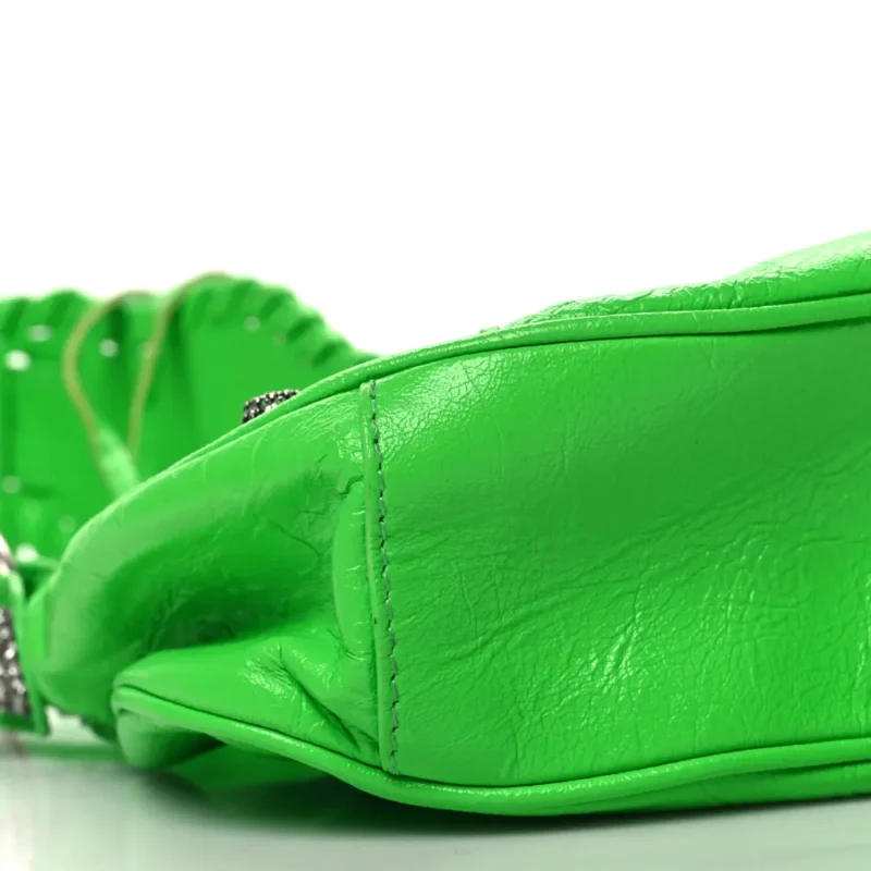 BALENCIAGA XS CRYSTAL LE CAGOLE SHOULDER BAG FLUO GREEN AGNEAU ARENA LEATHER SILVER HARDWARE - Image 5