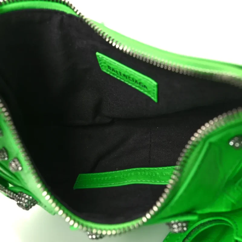BALENCIAGA XS CRYSTAL LE CAGOLE SHOULDER BAG FLUO GREEN AGNEAU ARENA LEATHER SILVER HARDWARE - Image 7