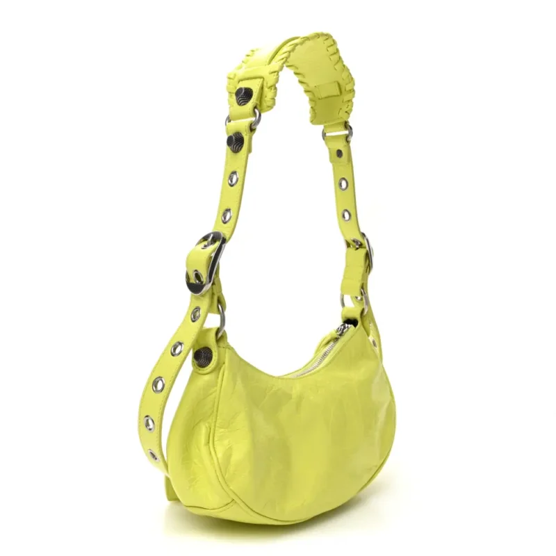 BALENCIAGA XS LE CAGOLE SHOULDER BAG LIME AGNEAU ARENA LEATHER SILVER HARDWARE - Image 3