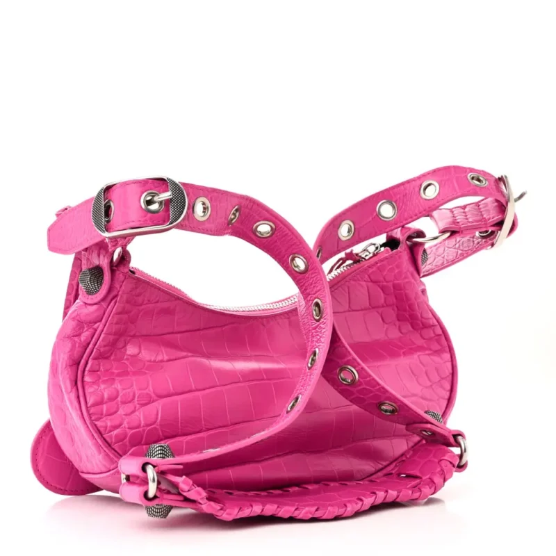 BALENCIAGA XS LE CAGOLE SHOULDER BAG LIPSTICK PINK CROCODILE EXTRA EMBOSSED SUPPLE CALFSKIN LEATHER SILVER HARDWARE - Image 3