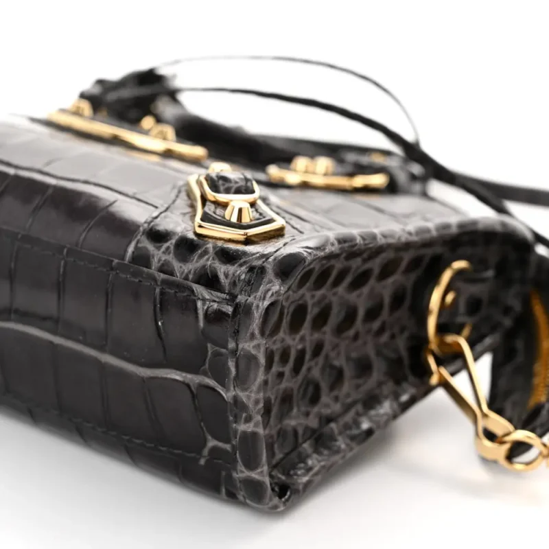BALENCIAGA NANO CITY BAG DARK GREY CROCODILE EMBOSSED CALFSKIN LEATHER GOLD HARDWARE - Image 4