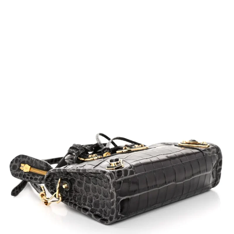 BALENCIAGA NANO CITY BAG DARK GREY CROCODILE EMBOSSED CALFSKIN LEATHER GOLD HARDWARE - Image 6