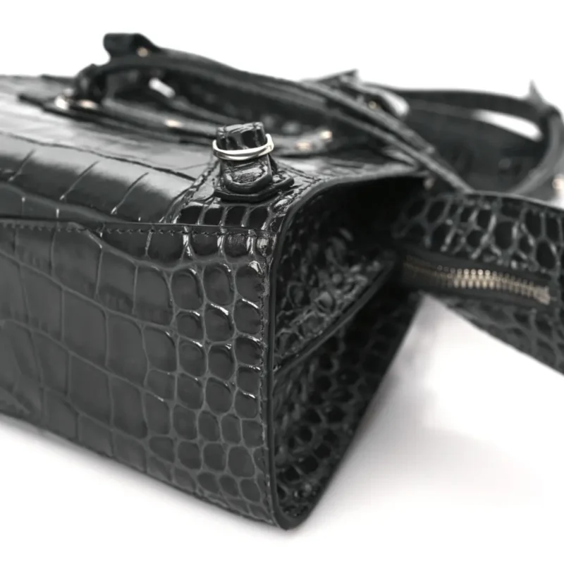 BALENCIAGA MINI NEO CLASSIC CITY BAG DARK GREY CROCODILE EMBOSSED CALFSKIN LEATHER SILVER HARDWARE - Image 4