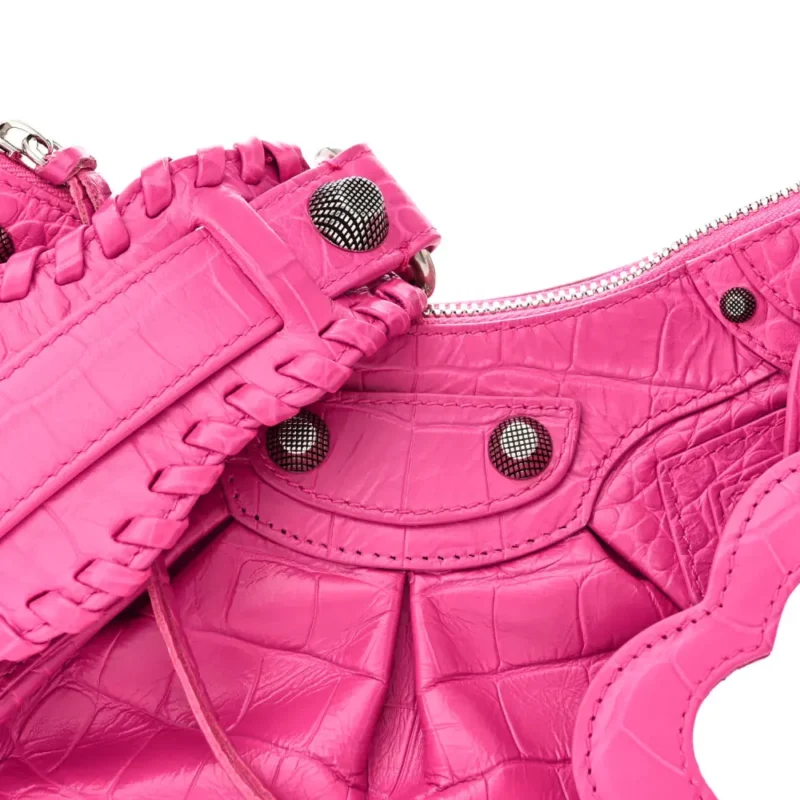 BALENCIAGA XS LE CAGOLE SHOULDER BAG LIPSTICK PINK CROCODILE EXTRA EMBOSSED SUPPLE CALFSKIN LEATHER SILVER HARDWARE - Image 8