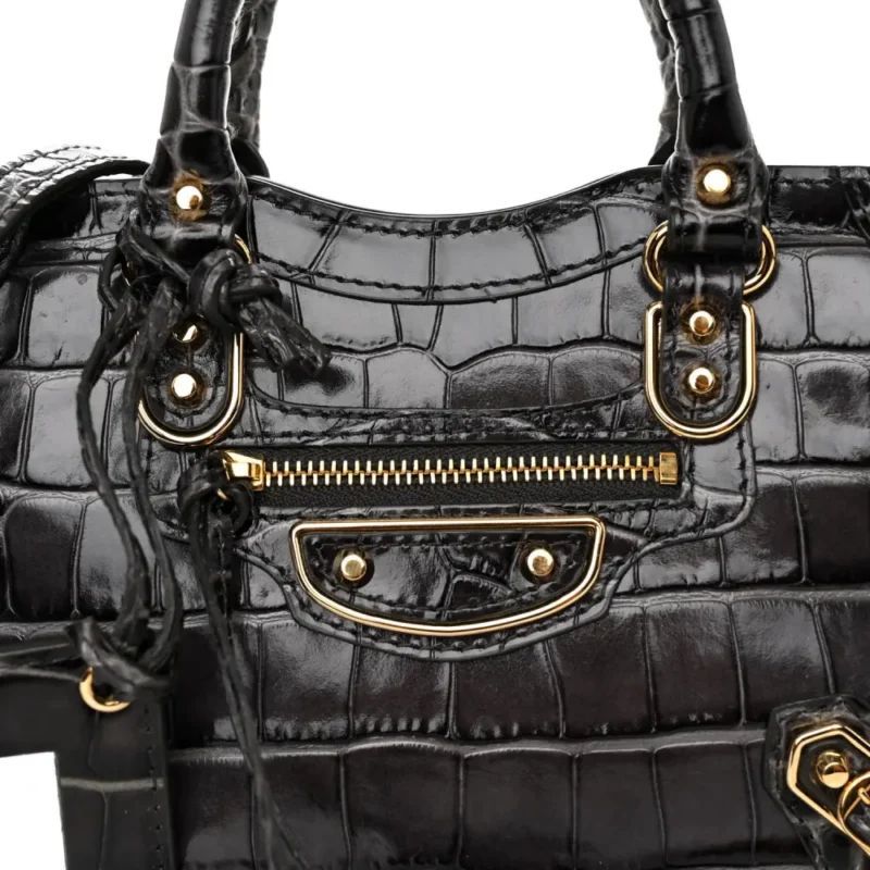 BALENCIAGA NANO CITY BAG DARK GREY CROCODILE EMBOSSED CALFSKIN LEATHER GOLD HARDWARE - Image 8