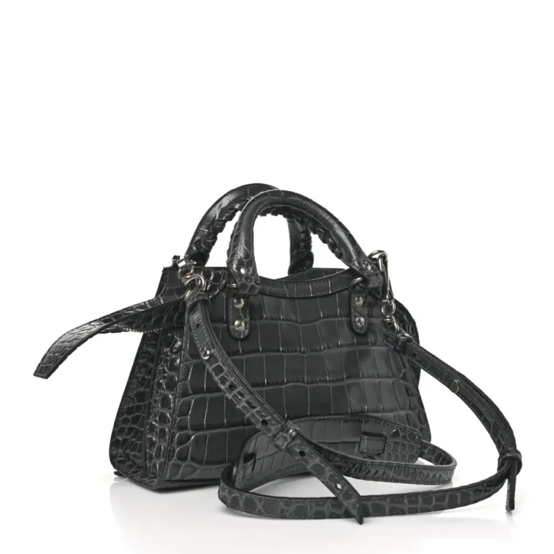 BALENCIAGA MINI NEO CLASSIC CITY BAG DARK GREY CROCODILE EMBOSSED CALFSKIN LEATHER SILVER HARDWARE - Image 3