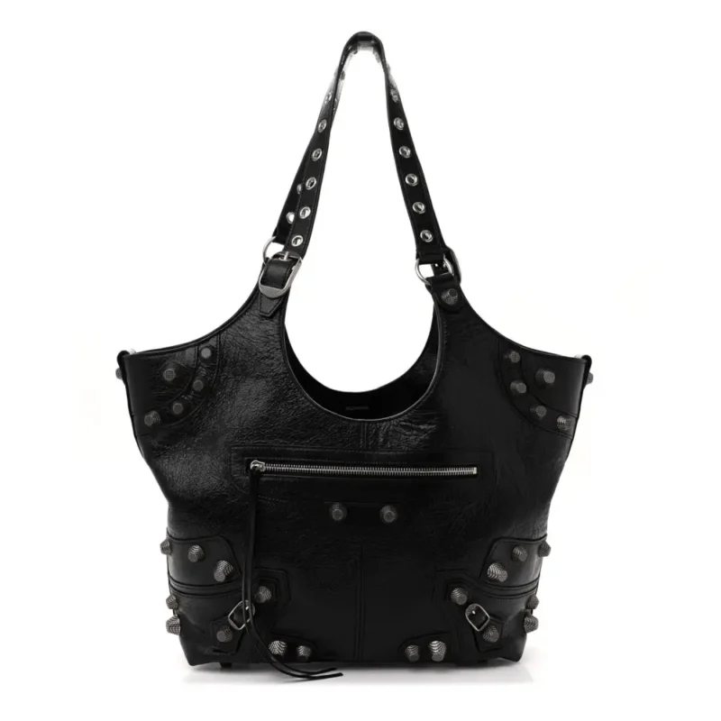 BALENCIAGA MEDIUM LE CAGOLE CARRY ALL BAG BLACK AGNEAU ARENA LEATHER SILVER HARDWARE