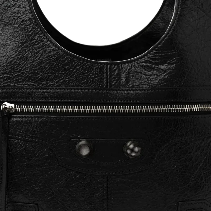 BALENCIAGA MEDIUM LE CAGOLE CARRY ALL BAG BLACK AGNEAU ARENA LEATHER SILVER HARDWARE - Image 8