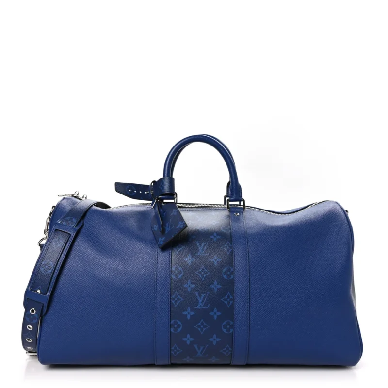 LOUIS VUITTON KEEPALL BANDOULIERE 50 PACIFIC BLUE TAIGA LEATHER & MONOGRAM ECLIPSE CANVAS SILVER HARDWARE
