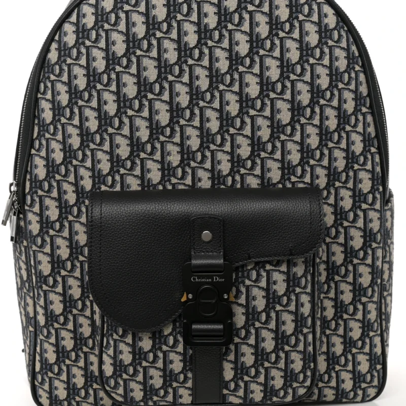 DIOR LARGE SADDLE ZIP BACKPACK BLACK OBLIQUE CANVAS & GRAINED CALFSKIN LEATHER SILVER HARDWARE - Image 8