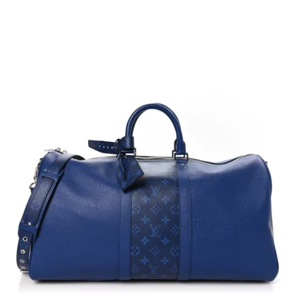LOUIS VUITTON KEEPALL BANDOULIERE 50 PACIFIC BLUE TAIGA LEATHER & MONOGRAM ECLIPSE CANVAS SILVER HARDWARE