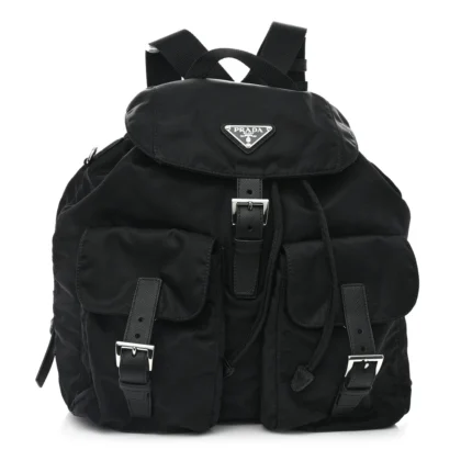 PRADA MEDIUM BACKPACK BLACK RE-NYLON & SAFFIANO LEATHER SILVER HARDWARE