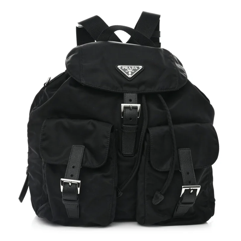 PRADA MEDIUM BACKPACK BLACK RE-NYLON & SAFFIANO LEATHER SILVER HARDWARE