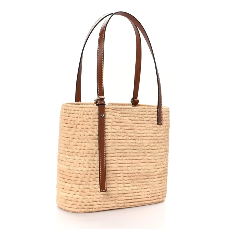 LOEWE SQUARE BASKET TOTE BAG SMALL NATURAL/PECAN RAFFIA & CALFSKIN LEATHER - Image 3
