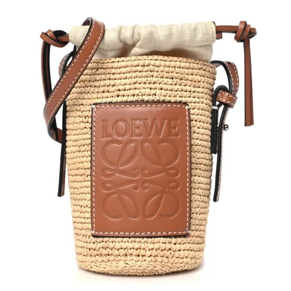 LOEWE PAULA??S IBIZA BUCKET BAG MEDIUM NATURAL/TAN CALFSKIN LEATHER & RAFFIA