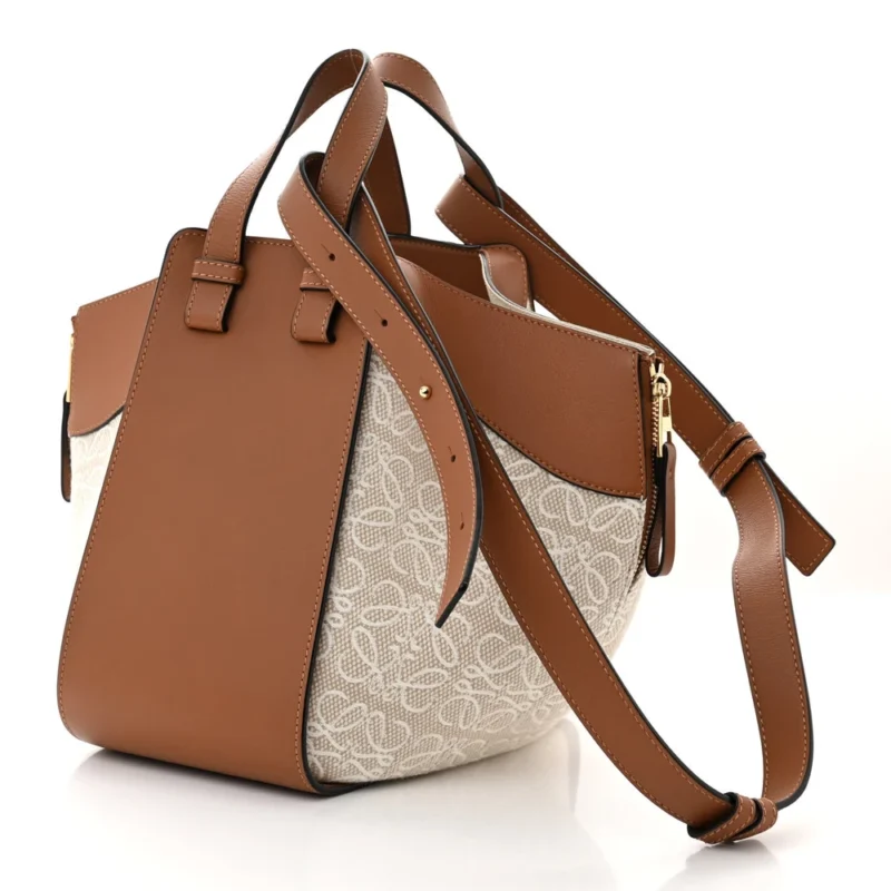 LOEWE ANAGRAM HAMMOCK SHOULDER BAG SMALL ECRU/TAN CALFSKIN LEATHER & CANVAS GOLD HARDWARE - Image 3