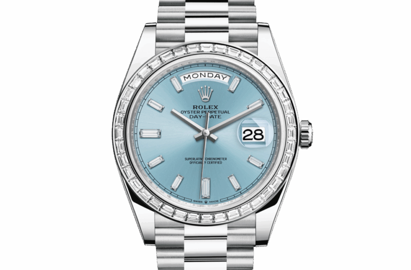 ROLEX DAY-DATE 40 OYSTER 40 MM PLATINUM AND DIAMONDS ICE BLUE DIAL M228396TBR-0002