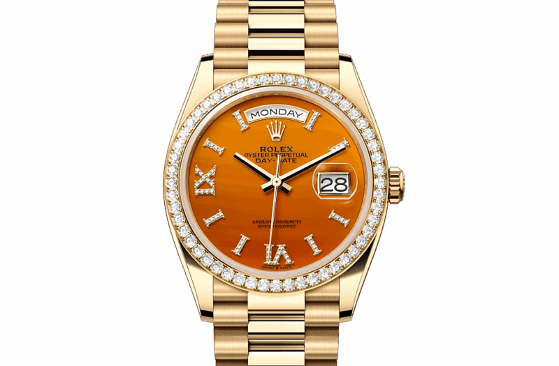 ROLEX DAY-DATE 36 OYSTER 36 MM YELLOW GOLD AND DIAMONDS CARNELIAN DIAL M128348RBR-0049