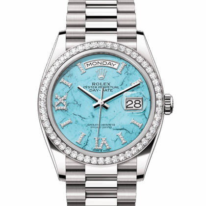 ROLEX DAY-DATE 36 OYSTER 36 MM WHITE GOLD AND DIAMONDS TURQUOISE DIAL M128349RBR-0031