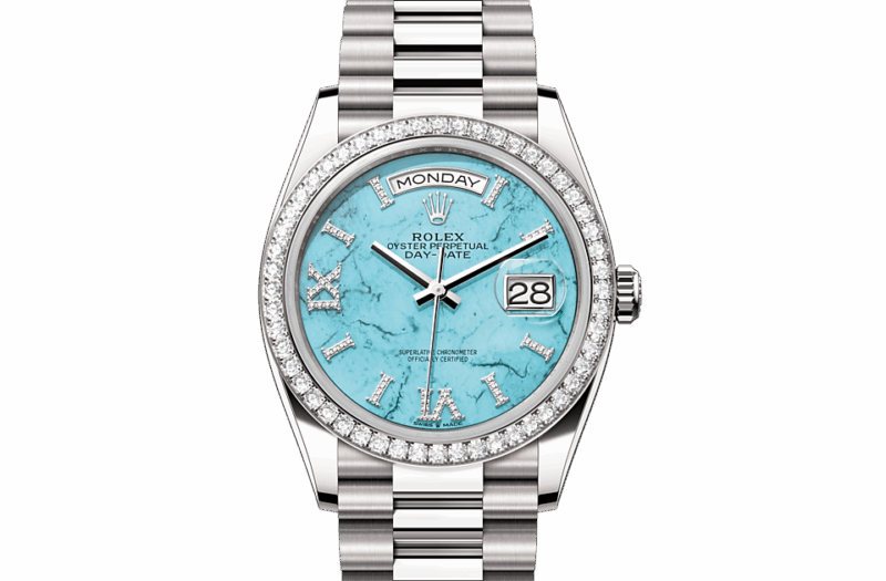 ROLEX DAY-DATE 36 OYSTER 36 MM WHITE GOLD AND DIAMONDS TURQUOISE DIAL M128349RBR-0031