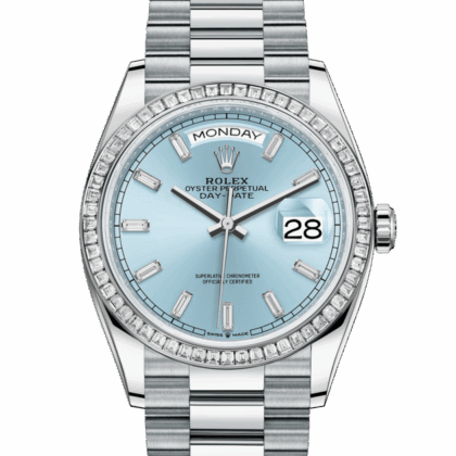 ROLEX DAY-DATE 36 OYSTER 36 MM PLATINUM AND DIAMONDS ICE BLUE DIAL M128396TBR-0003