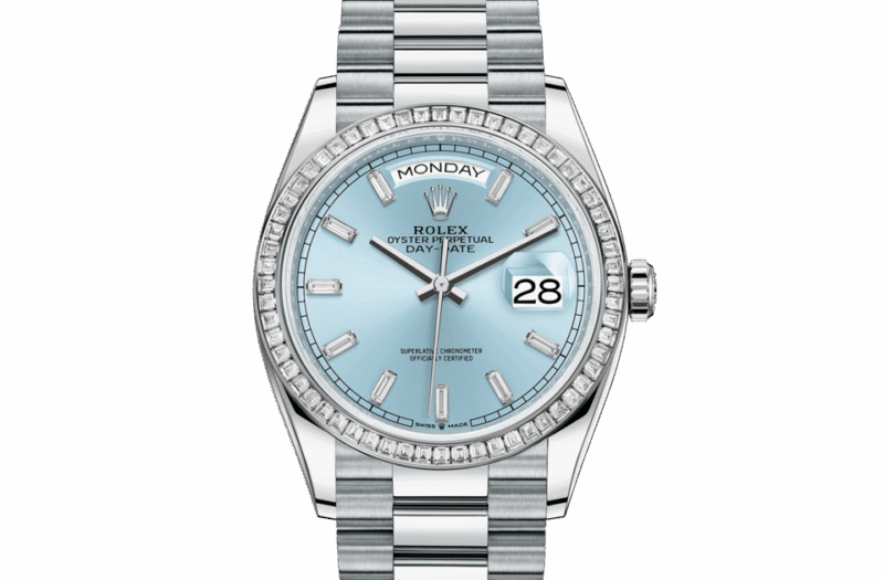 ROLEX DAY-DATE 36 OYSTER 36 MM PLATINUM AND DIAMONDS ICE BLUE DIAL M128396TBR-0003