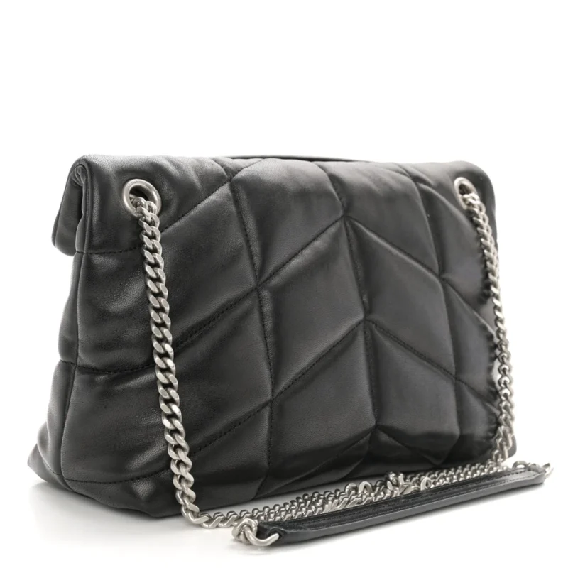 SAINT LAURENT SMALL LOULOU CHAIN SATCHEL BLACK QUILTED PUFFER MONOGRAM LAMBSKIN LEATHER SILVER HARDWARE - Image 3