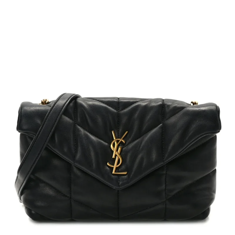 SAINT LAURENT MINI LOULOU CHAIN SATCHEL BLACK QUILTED PUFFER MONOGRAM LAMBSKIN LEATHER RUTHENIUM HARDWARE