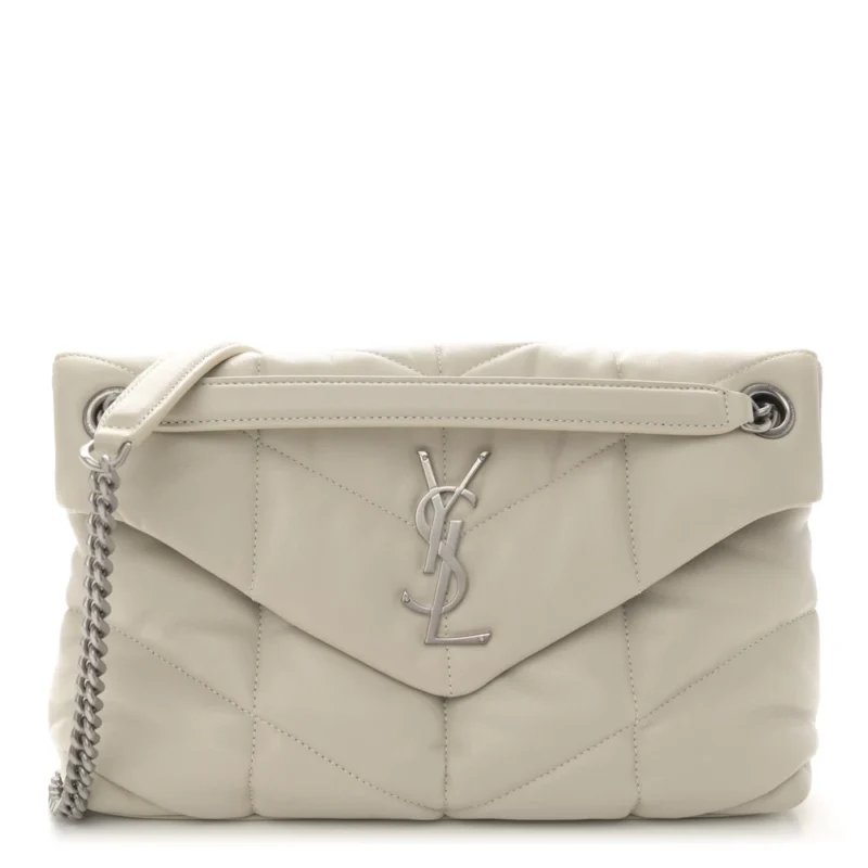 SAINT LAURENT MINI LOULOU CHAIN SATCHEL CREMA SOFT QUILTED PUFFER MONOGRAM LAMBSKIN LEATHER AGED GOLD HARDWARE