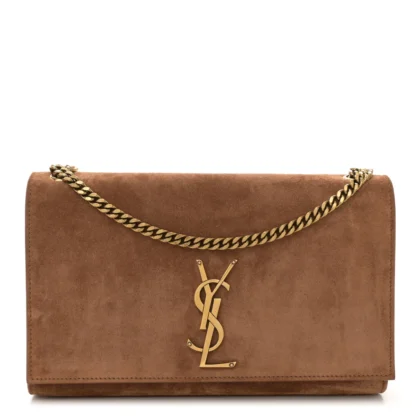 SAINT LAURENT MEDIUM KATE SATCHEL MACARON MONOGRAM SUEDE AGED GOLD HARDWARE
