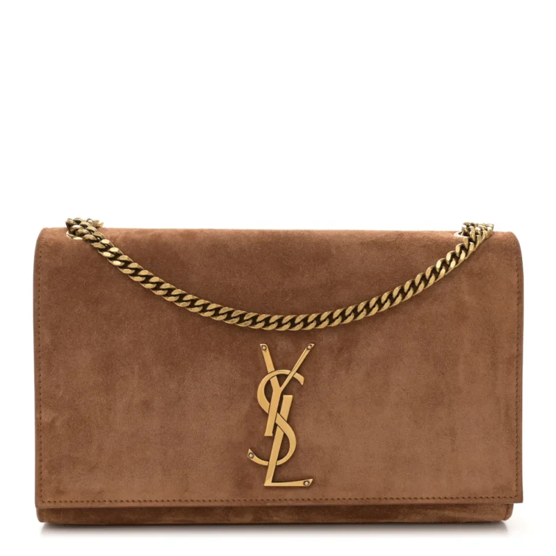SAINT LAURENT MEDIUM KATE SATCHEL MACARON MONOGRAM SUEDE AGED GOLD HARDWARE