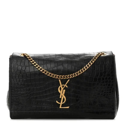 SAINT LAURENT MEDIUM KATE SATCHEL BLACK REVERSIBLE EMBOSSED MONOGRAM CALFSKIN & CROCODILE LEATHER AGED GOLD HARDWARE