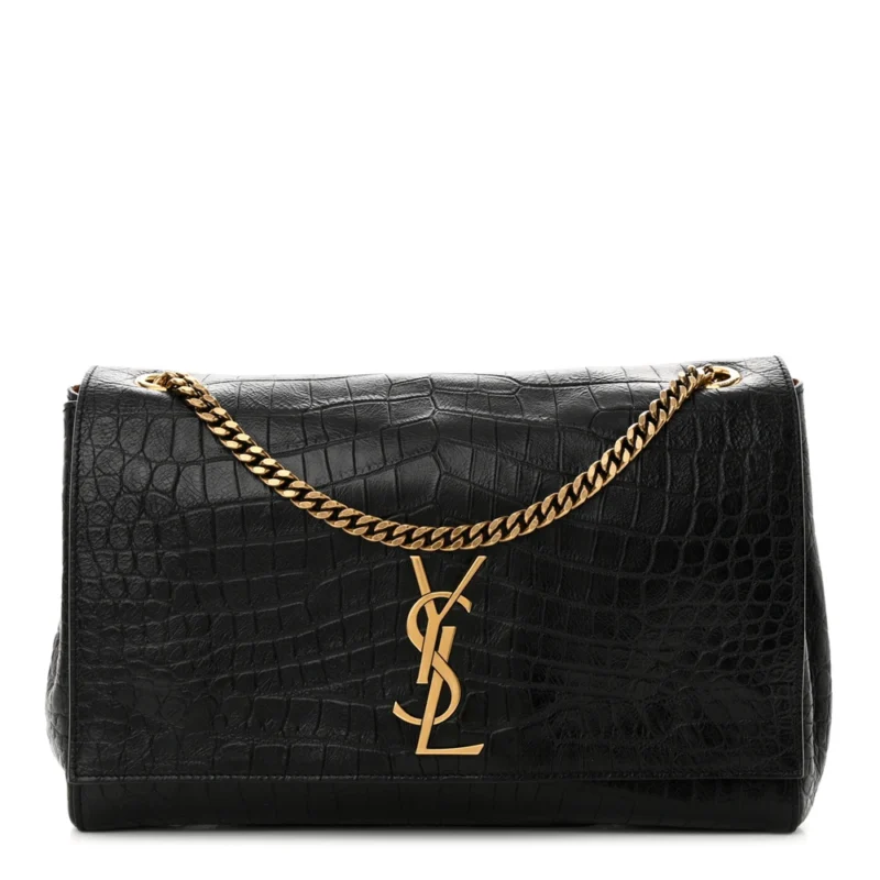 SAINT LAURENT MEDIUM KATE SATCHEL BLACK REVERSIBLE EMBOSSED MONOGRAM CALFSKIN & CROCODILE LEATHER AGED GOLD HARDWARE