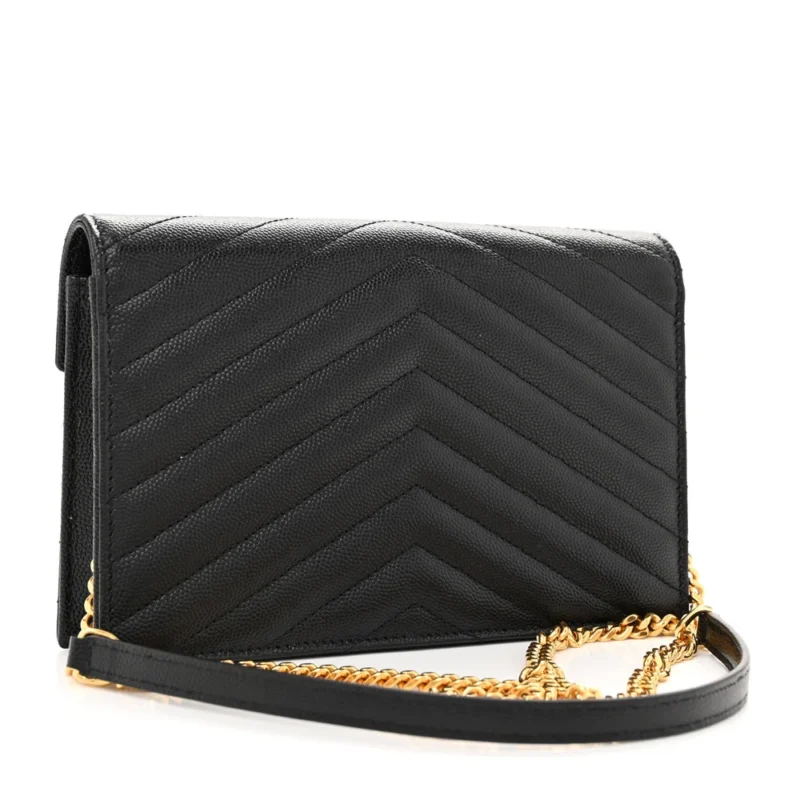 SAINT LAURENT ENVELOPE CHAIN WALLET BLACK CHEVRON MONOGRAM GRAIN DE POUDRE MATELASSE LEATHER GOLD HARDWARE - Image 3