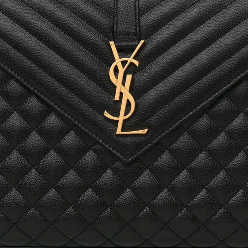 SAINT LAURENT LARGE SATCHEL BLACK TRIQUILT MONOGRAM GRAIN DE POUDRE TEXTURED MIXED MATELASSE LEATHER GOLD HARDWARE - Image 8