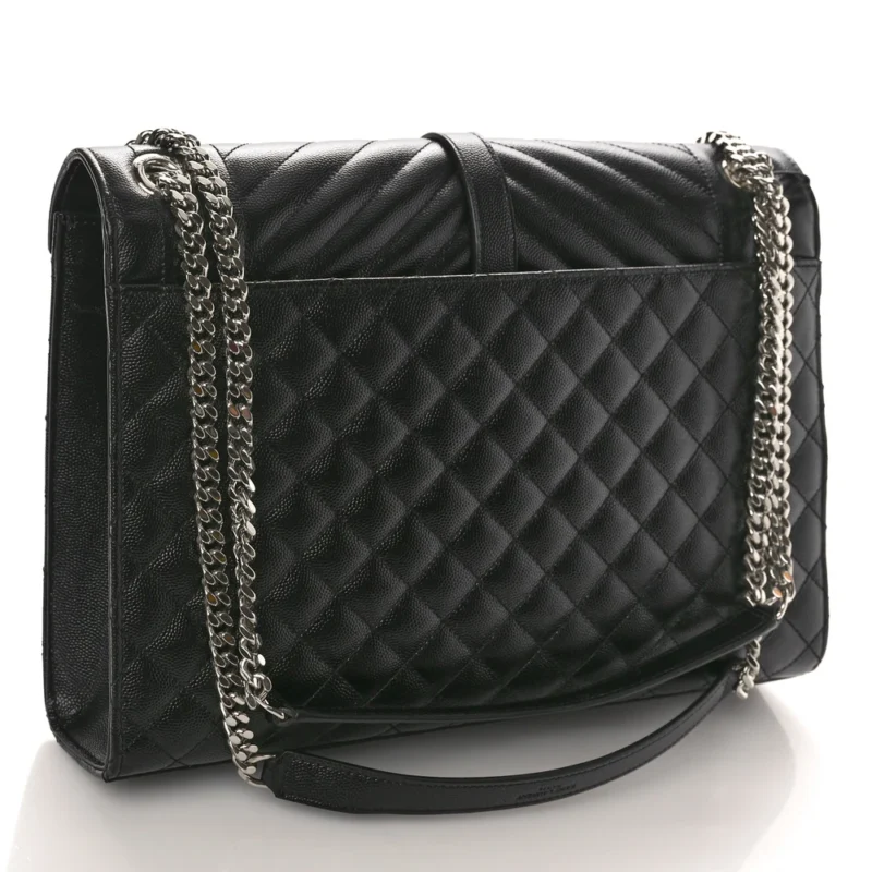 SAINT LAURENT LARGE SATCHEL BLACK TRIQUILT MONOGRAM GRAIN DE POUDRE TEXTURED MIXED MATELASSE LEATHER SILVER HARDWARE - Image 3