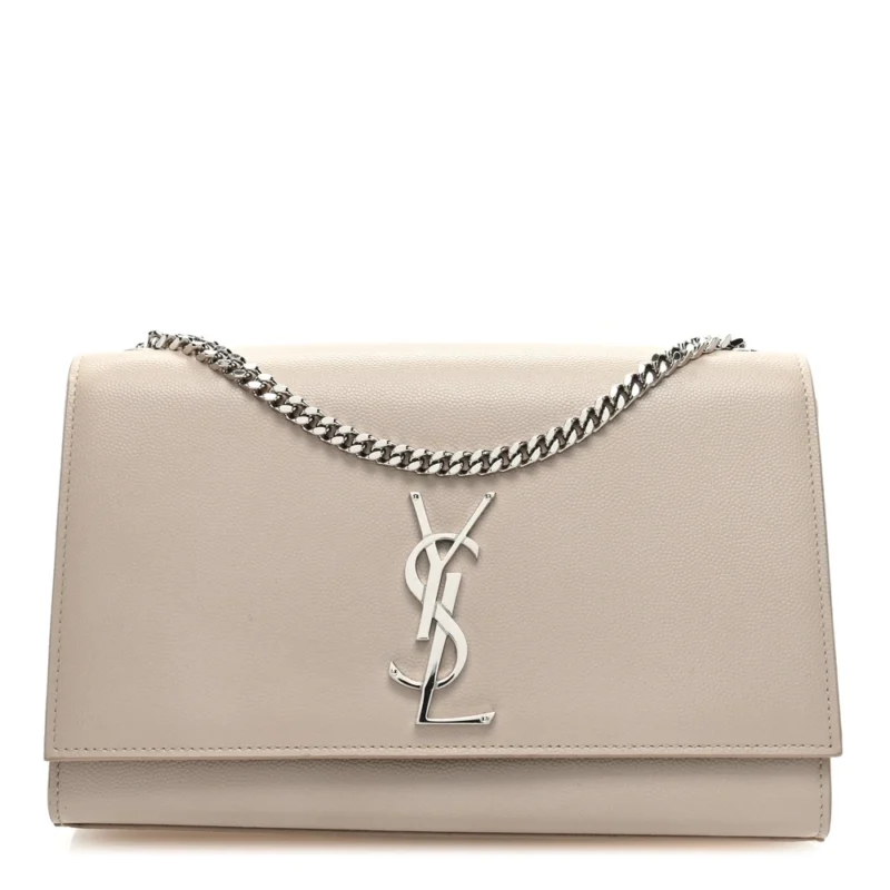 SAINT LAURENT MEDIUM KATE SATCHEL NUDE POWDER MONOGRAM GRAIN DE POUDRE LEATHER SILVER HARDWARE