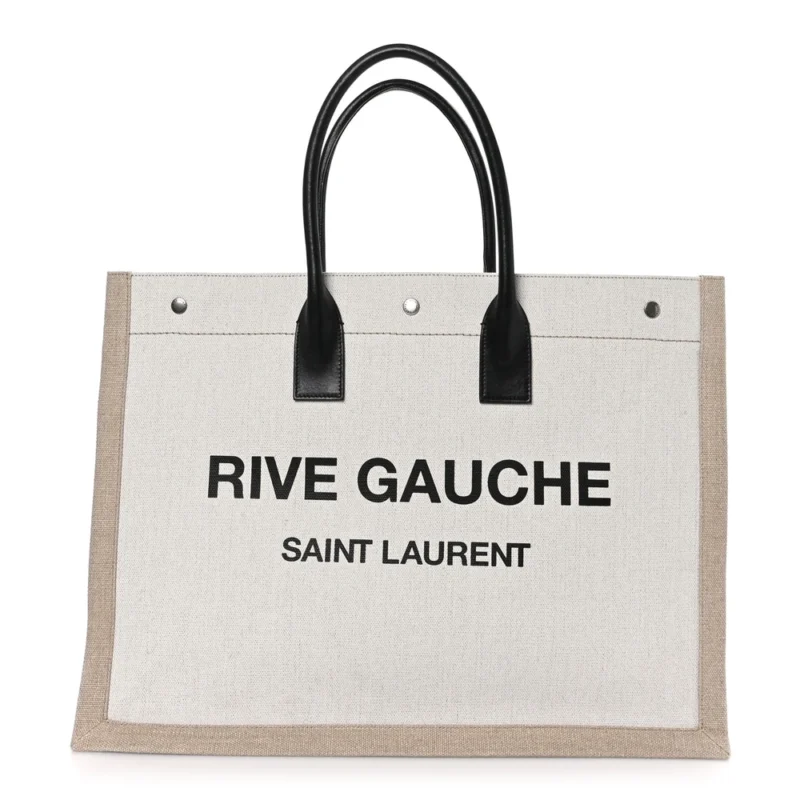 SAINT LAURENT LARGE RIVE GAUCHE TOTE OPTIC WHITE LINEN & CALFSKIN LEATHER
