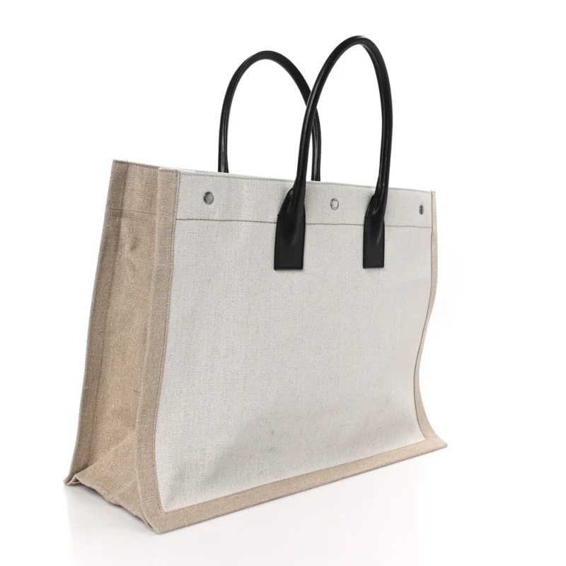 SAINT LAURENT LARGE RIVE GAUCHE TOTE OPTIC WHITE LINEN & CALFSKIN LEATHER - Image 3